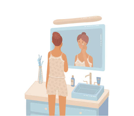 Young woman looking at bathroom mirror moisturizing to protects her skin. Cute girl wearing pajama and applying cream. Flat isometric style. Daily beauty and skincare routine. Cartoon vectorのイラスト素材
