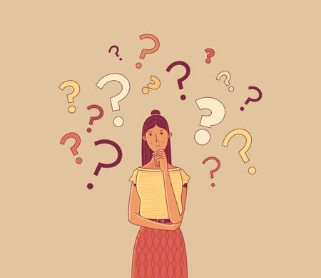 Pensive girl flat vector illustration. Cartoon confused woman character. Frustrated teenager making decision. Vulnerable lady in doubt with hand on chin gestureのイラスト素材