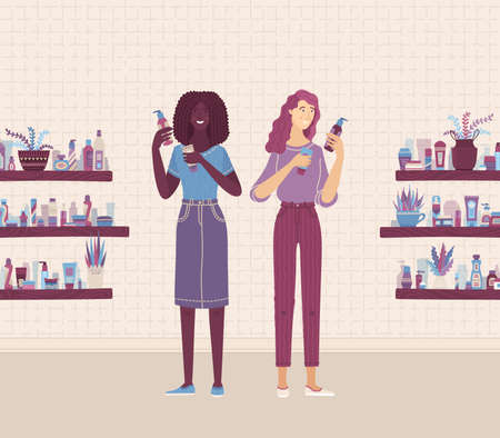 Two female consultants comparing skincare beauty products in shop. Cute women choosing eco-friendly cosmetics, moisturizing cream, facial care, shampoo for hair. Vector flat cartoon banner templateのイラスト素材