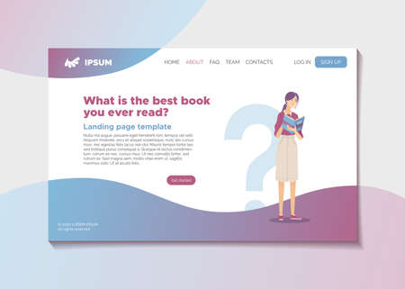 What is the best book you ever read? Literature survey or literature review landing page template. Web banner with young smiling woman reading book vector illustration. Literary club or magazine blogのイラスト素材