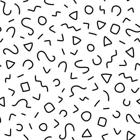 Memphis seamless pattern. Trendy 80-90s. Irregular white dashes, swirls, zigzags, circles hand-drawn texture. Freehand shapes line art. Fabric, textile, wrapping paper, surface vector designのイラスト素材