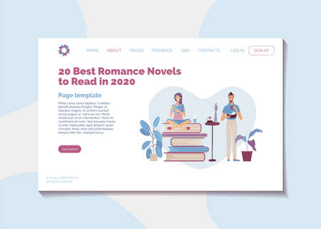 20 Best romance novels to read in 2020 landing page template. Top rated literature books banner. Young smiling couple reading book together vector illustration. New bestsellers and masterpieces guideのイラスト素材