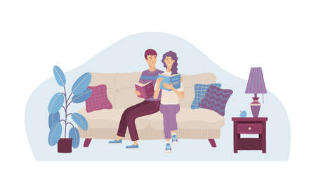 Couple in love reading books on sofa. Happy young man and woman spending weekend together. Interested girl and boy relaxing with book in cozy living room vector illustration. Family holiday at homeのイラスト素材