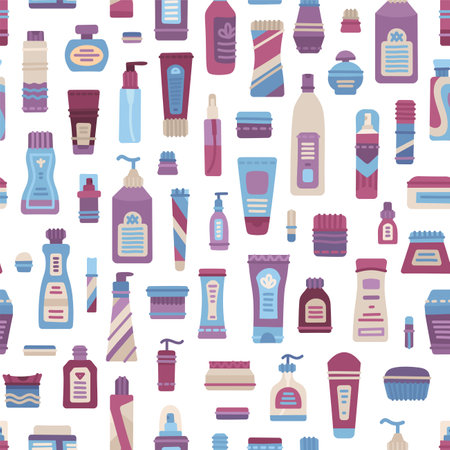 Plastic cosmetics bottle, dispenser, container, jar and tube seamless pattern.のイラスト素材