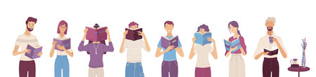 People reading books composition in flat style. Happy young men and women holding books and standing in row. Students studying and preparing for examination vector illustration. Literature fans setのイラスト素材
