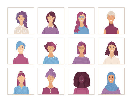 Women face icons set. Flat vector portraits of various nationalities. Cartoon avatars for account, game, or forum.のイラスト素材