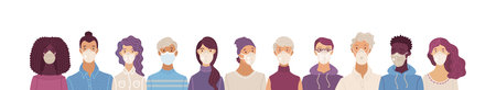 Women and men wearing safety breathing masks. Respirators and medical masks.  Vector flat portraits.のイラスト素材