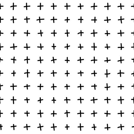 Plus sign or cross hand-drawn seamless pattern. Pen freehand crosses line art. Monochrome digital paper for textile print.のイラスト素材