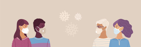 Multicultural group of people wearing disposable medical masks. virus protection and prevention banner with copy space. Self-isolation, hygiene and quarantine cartoon vector illustration.のイラスト素材