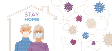 Stay home concept with aged couple wearing medical masks. virus protection and prevention social media campaign. Self-isolation and quarantine cartoon illustration.のイラスト素材