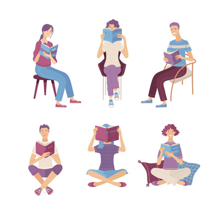 People reading books while sitting on floor and in chairs. Happy young men and women holding books characters in cartoon style.のイラスト素材