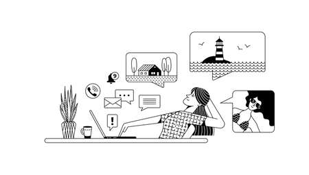Happy thoughtful woman works on laptop at table with houseplant. Dreaming about future travels to new distant places and resorts. Procrastination and rest from routine. Cartoon linear vector conceptのイラスト素材