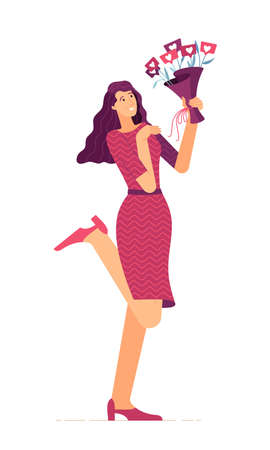 Colorful onboarding illustration of amazed lady in elegant dress with bouquet of red tags with hearts. Vector flat social media likes consept. Celebrating Valentine and International Women dayのイラスト素材