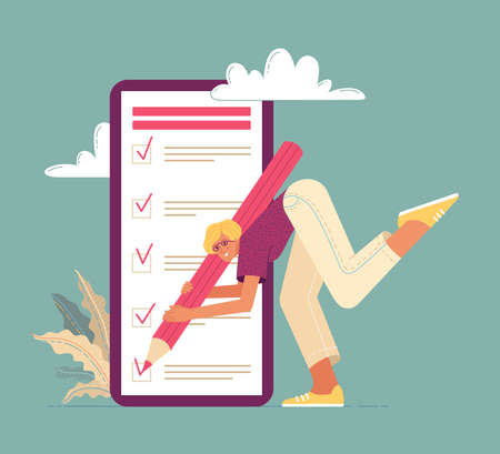 Colorful flat illustration of active woman with large pencil making marks in checkbox of task list on mobile phone screen. Time management and balance between life and work. Effective daily planningのイラスト素材