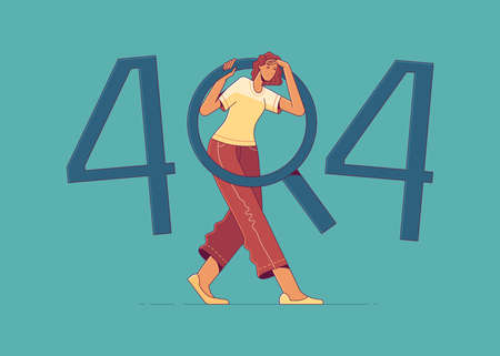 Young woman is looking for something in 404 error sign. HTTP 404, Page Not Found, File Not Found, or Server Not Found message. Vector cartoon colourful onboarding illustration on color backgroundのイラスト素材