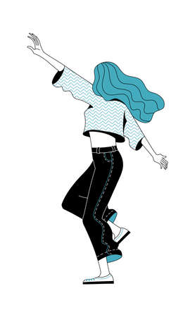 Happy young woman dancing on white background vector illustration. Positive thinking and enjoying life concept. Cartoon joyful female character. Fat duotone black and blue illustrationのイラスト素材