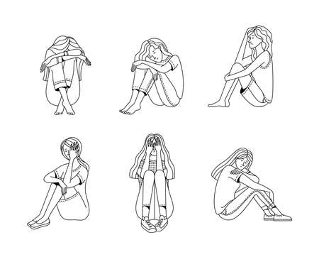 Set of female characters suffering from mental disorder vector outline illustration. Linear cartoon illustration of loneliness, anxiety, depression, and psychotherapy monochrome conceptのイラスト素材