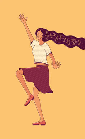 Picture of smiling active young woman character with music notes in long loose flowing hair dancing on yellow background as life enjoying conceptのイラスト素材