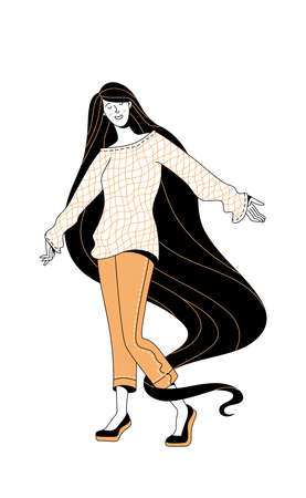 Smiling young girl with long dark flowing hair enjoying life on white background. Positive thinking and good mood cartoon concept. Duotone black and yellow linear illustration.のイラスト素材