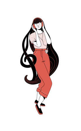 Smiling young girl with treble clef in long dark hair listening to music in headphones on white background. Life enjoying and good mood flat concept. Vector cartoon black and red duotone characterのイラスト素材