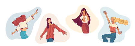 Young happy women dancing vector illustration. Cheerful girls enjoying music female cartoon character. Positive thinking and freedom flat collection. Good mood powerのイラスト素材