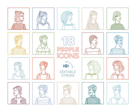 Linear people portraits set. Vector user avatars. Outlined minimalistic icons. Men and women portraits set. People profile pictures. Cartoon avatars for game, internet forum, or web accountのイラスト素材