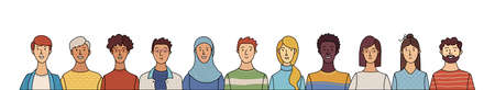 Multicultural happy adult men and women standing together. International community concept with diverse people. Vector cartoon illustration. Web banner with happy students or work team. Cultural and religion equality.のイラスト素材