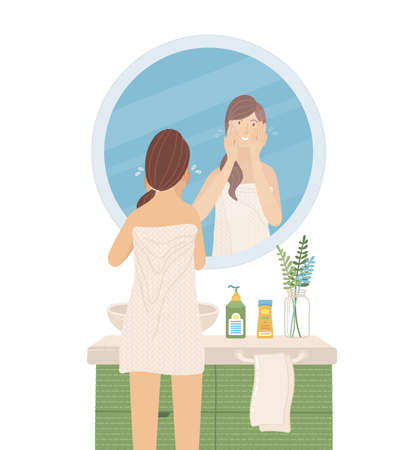 Young woman wearing towel looking at the mirror in bathroom. Girl washing her face and cleansing skin. Daily skincare routine. Start and end of day. Cartoon vector mirrored happy girl. Flat character.のイラスト素材