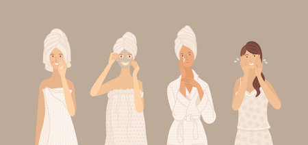 Cleaning skin, washing, moisturizing, beauty mask. Beautiful young women in towel, pajama, underwear, and bathrobe take care of their skin. Flat cartoon vector charactersのイラスト素材