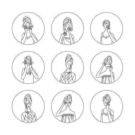 Steps for beauty and health your skin. Cute girls in towel, pajama, and bathrobe cleaning skin, washing, moisturizing, applying beauty mask. Skincare everyday routine. Outline vector charactersのイラスト素材
