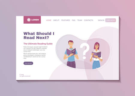 That should I read next. Ultimate reading guide landing page template. Web banner with young smiling couple reading book vector illustration. Literary recommendation and professional book reviewsのイラスト素材