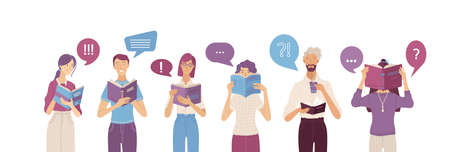 People reading books composition in flat style. Happy young people holding opened books with speech bubbles. Satisfied students studying vector illustration. Self education and intellectual health.のイラスト素材
