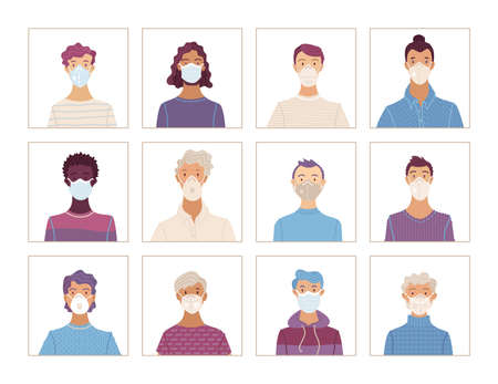 Men wearing safety breathing masks. Respirators and medical masks. Vector icons set. Disease, flu, air pollution. Flat portraits of Caucasian, Afro-American, Asian. Young and aged. Cartoon avatars.のイラスト素材