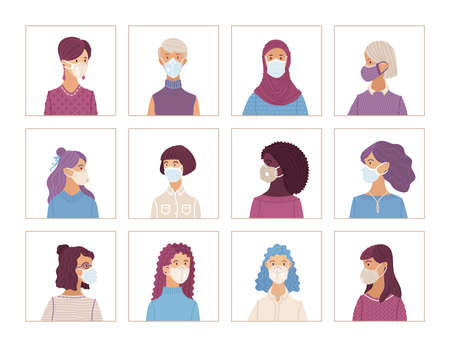 Women wearing safety breathing masks. Respirators and medical masks. Vector icons set. Disease, flu, air pollution. Flat portraits of Caucasian, Afro-American, Asian. Young and aged. Cartoon avatars.のイラスト素材