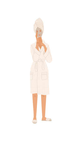 Young woman standing in beauty mask on her face. Cute girl wearing bathrobe after shower clearing skin. Evening routine. Skincare and beauty. Vector cartoon character isolated on white background.のイラスト素材