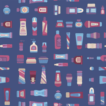 Cartoon shampoo and cream, lotion and scrub, perfume and soap, moisturizer seamless pattern. Plastic cosmetics bottle, dispenser, container, jar, tube collection. Vector flat texture on blue backgroundのイラスト素材
