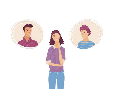 Beautiful woman thinking about two men. Young girl chooses boyfriend. Flat vector illustration in cartoon style.のイラスト素材