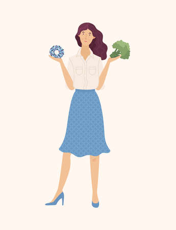 Young woman choosing between donut and broccoli cartoon illustration. Fresh vegetables vs sweets. Smiling girl comparing healthy eating or junk food. Balanced menu vs fastfood. Vector flat conceptのイラスト素材