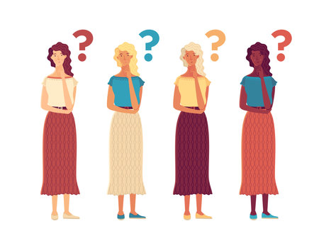 Thoughtful girls flat vector characters set. Question and problem cartoon illustration. Young women making decisions. Vulnerable ladies in doubt with hand on chin gesture. Four variations.のイラスト素材