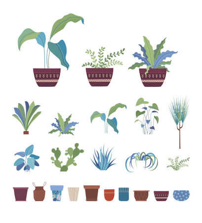 Houseplants, flowers in pots flat vector illustrations set. Clay flowerpots with home plants, interior design elements pack. Greenery, domestic flowers collection isolated on white backgroundのイラスト素材
