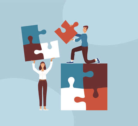 Businesspeople collecting puzzle together flat vector illustration. Teamwork, coworking, cooperation. Company staff, team, office managers cartoon characters isolated on blue backgroundのイラスト素材