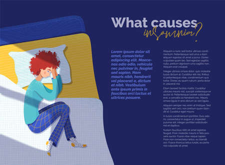 What causes insomnia banner vector template. Sleepless woman lying in bed cartoon character. Medical journal research article with flat illustrations. Sleeplessness, wakefulness conceptのイラスト素材