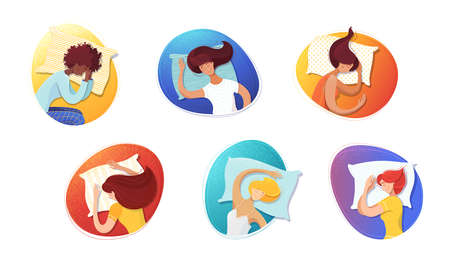Sleeping women flat illustrations set. Female sleepers cartoon characters. Asleep girls with pillows portraits in circles color drawings. Different poses, body comfortable positions packのイラスト素材