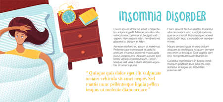 Insomnia disorder banner vector template. Sleepless girl lying in bed cartoon character. Medical journal page with flat illustrations. Wakefulness disease description. Poster design ideaのイラスト素材