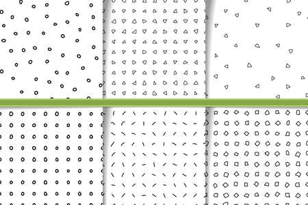 Set of abstract hand drawn duotone seamless patterns. Fabric flaps, textile patches pack. Black and white backgrounds irregular geometric shapes. Hand drawn linear triangles, lines and dots backdropsのイラスト素材