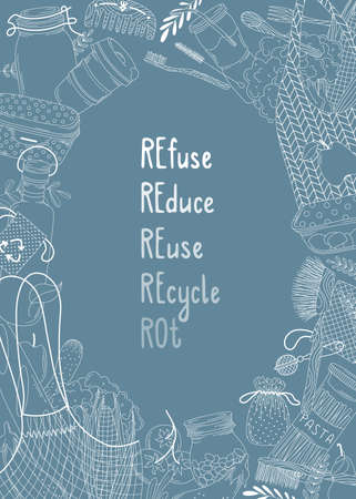 Refuse, reduÑe, reuse, recycle, rot. Blank ellipse frame with eco friendly accessories and organic nutrition. Veggies and recyclable sacks outline vector borderのイラスト素材
