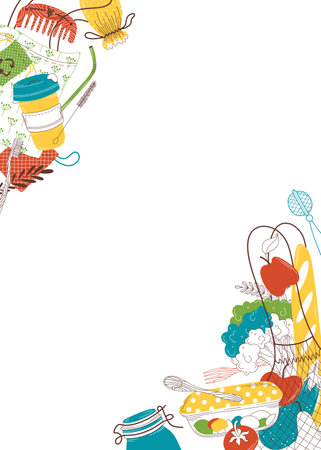Reusable utensil and eco food vector illustration. Healthy products in recyclable container. Reusable shopping bags and vegan nutrition, jars and bottles isolated on white backgroundのイラスト素材