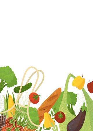 Eco friendly handbags and organic products flat vector illustration. Healthy nutrition and recyclable shopping bags. Fresh baguette and vegetables, vegetarian food isolated on white backgroundのイラスト素材