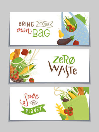 Recyclable packages vector banners set. Reusable bag with vegetables and fruits flat illustrations. Healthy nutrition in packs isolated on white background. Products in eco handbagsのイラスト素材