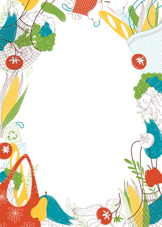 Greengrocery purchases empty frame handdrawn vector illustration. Veggies in recyclable bags flat color border. Fresh fruits and vegetables, organic products in eco friendly bags on white backgroundのイラスト素材